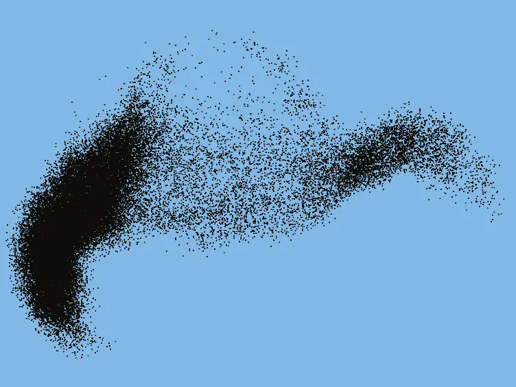 A dark flock stretching into curling streams against a blue sky
