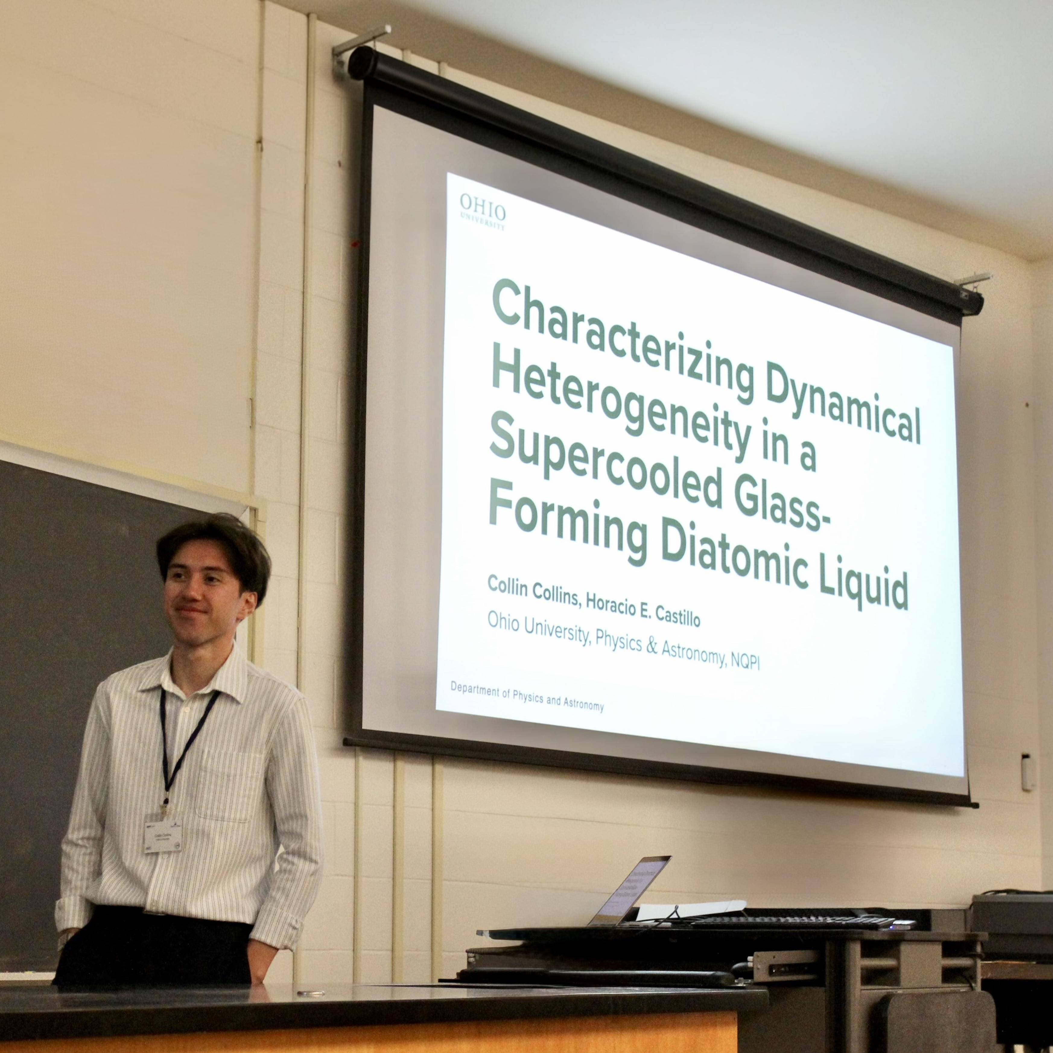 Collin Collins presenting research on dynamical heterogeneity in supercooled liquids at Ohio University